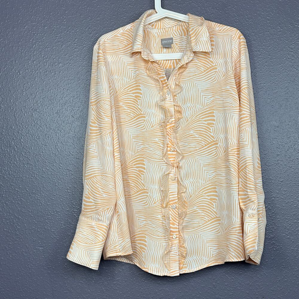 Chico’s Top Size 2 Mini Ruffle Desert Zebra Peach Quartz Blouse Long Sleeves